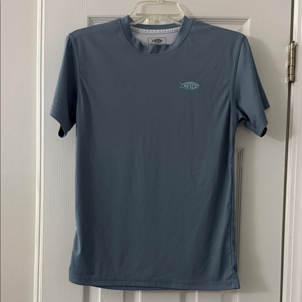 AFTCO Kids Slate Blue Short Sleeve Tee with Logo Fish Design on Back